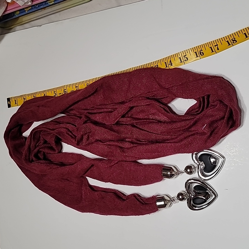 Burgundy Scarf 60" with Silver Metal and Wood‎ Heart Dangles - Gently Preloved